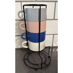 Ceramic Espresso Cups Mugs Set 4-Piece Speckled Pink Blue Gray Stackable Holder